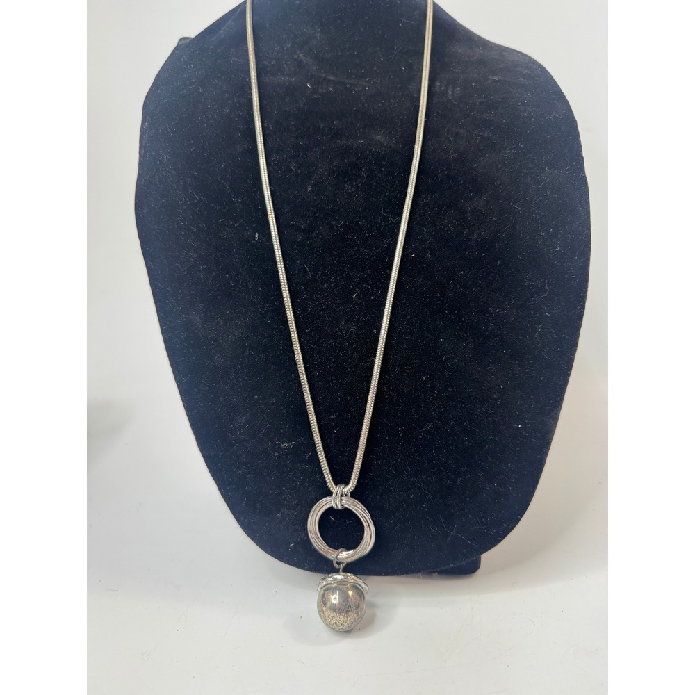 Anne Klein Silver Tone Snake Chain Necklace Triple Ring Orb Pendant 36 Inch